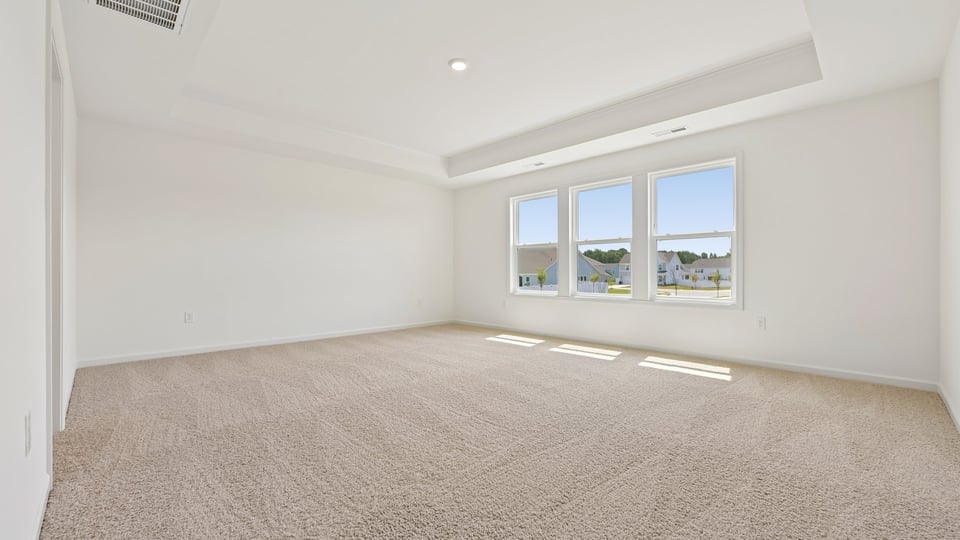 primary bedroom with tray ceiling and carpet flooring