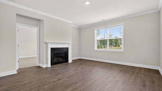 living room with fireplace and revwood flooring