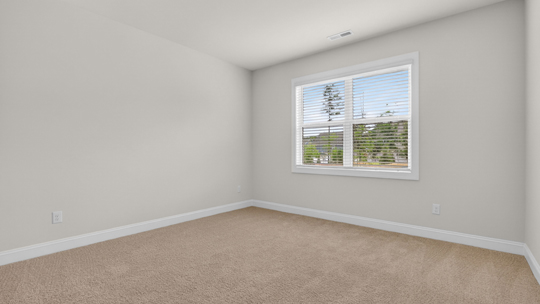 primary bedroom with two windows and carpeting, attached bath