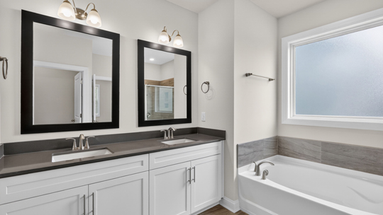 primary bathroom with walk in shower, bathtub, and dual vanity sinks