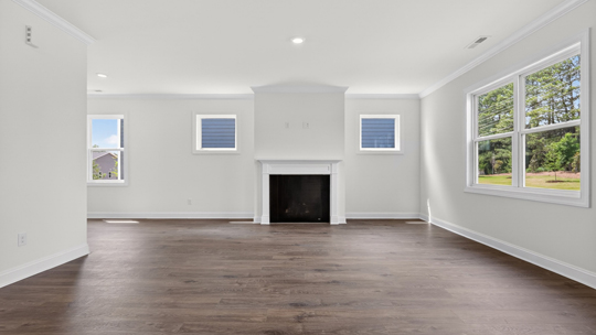 living room with fireplace and revwood flooring