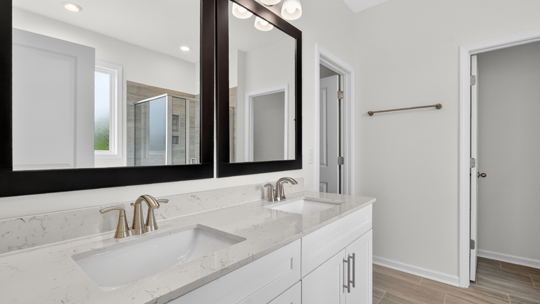 bathroom with dual vanity and quartz countertops