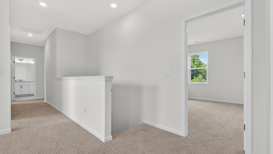 top of stairs with carpet flooring