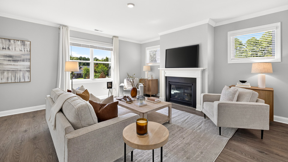 living room with fireplace and lots of natural lighting