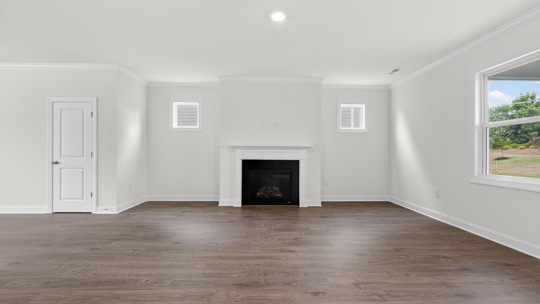 living room with revwood flooring and fireplace