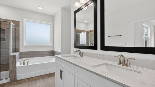 bathroom with separate tub shower and dual vanity