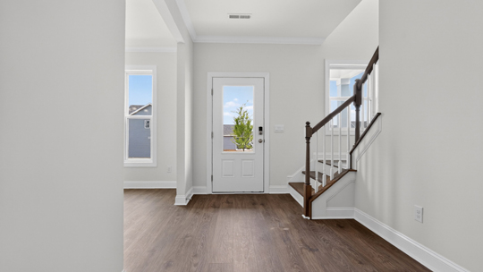 foyer entryway with revwood flooring