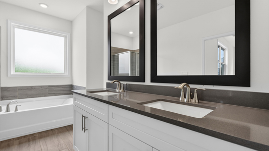 bathroom with dual vanity and separate tub and walk in shower