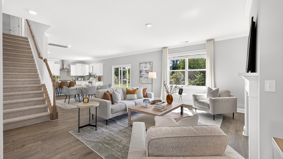 open concept living room with fireplace
