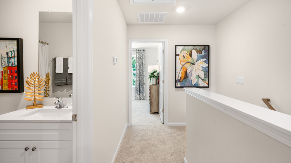 Upstairs hallway with carpet flooring