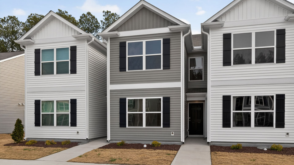 Two story town home with gray siding.