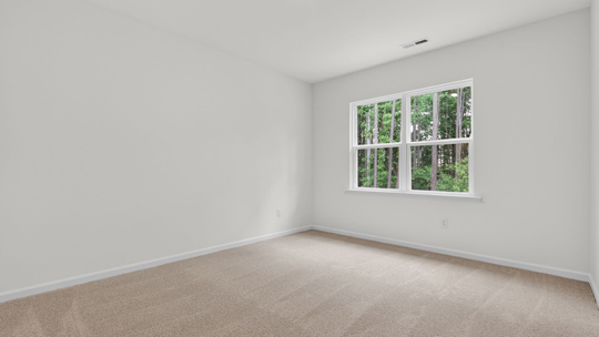 primary bedroom with two windows and carpeting, attached bath