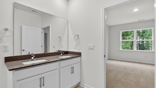 primary bathroom with walk in shower and dual vanity sinks