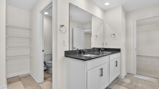 bathroom with dual vanity and walkin closet