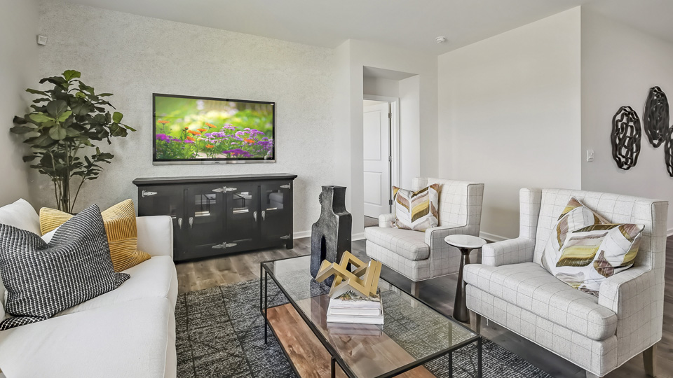 open concept living space with large windows