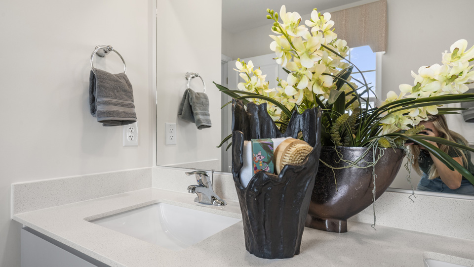Primary bathroom with quartz counters
