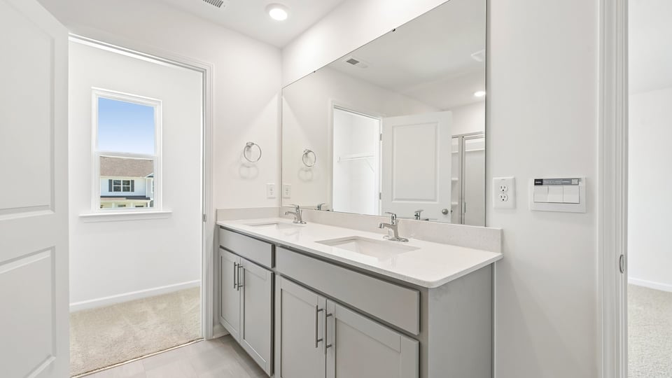 bathroom with dual vanity gray cabinets