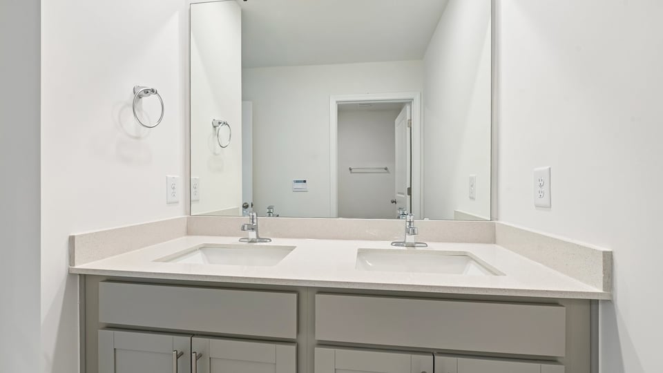 bathroom with dual vanity gray cabinets