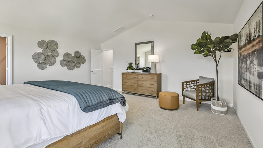 primary bedroom with two windows and carpeting, attached bath