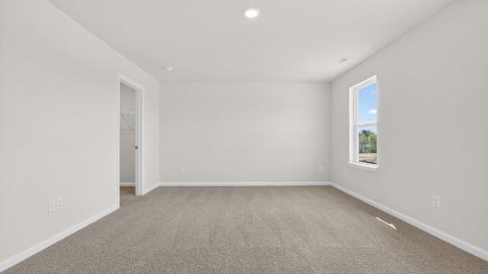 primary bedroom with two windows and carpeting, attached bath