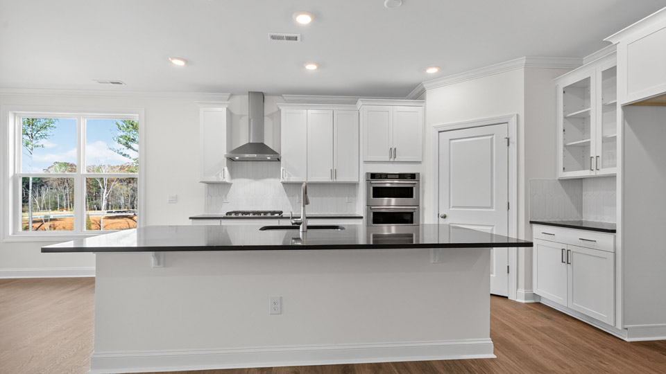 kitchen with white cabinets revwood flooring quartz countertops and stainless steel appliances