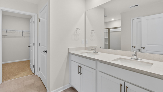 bathroom with quartz countertops and dual vanity