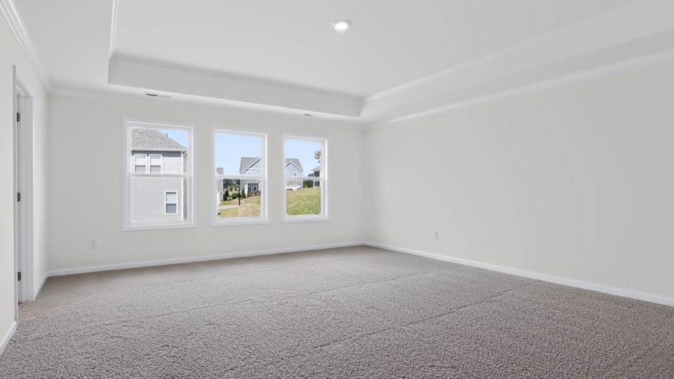 primary bedroom with tray ceiling and carpet flooring