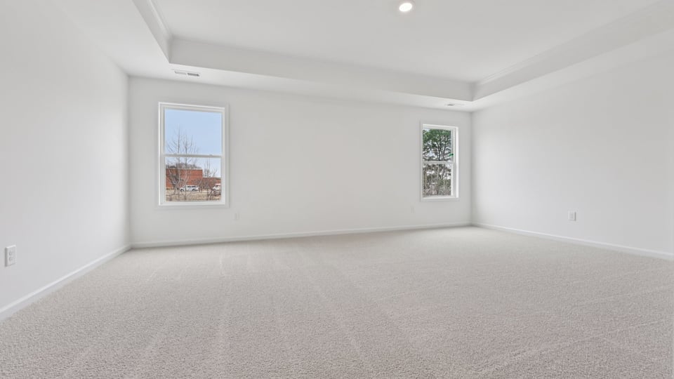primary bedroom with carpet flooring and tray ceiling