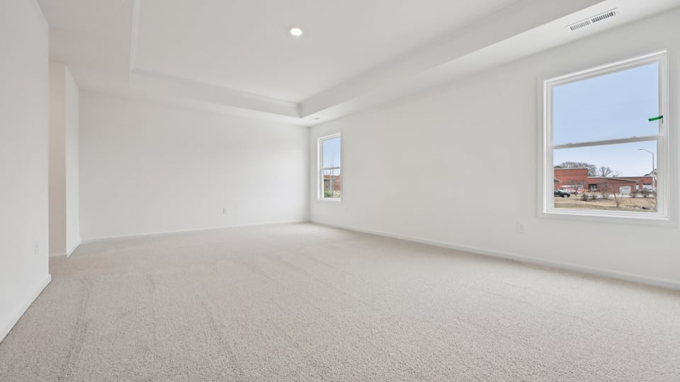 primary bedroom with carpet flooring and tray ceiling