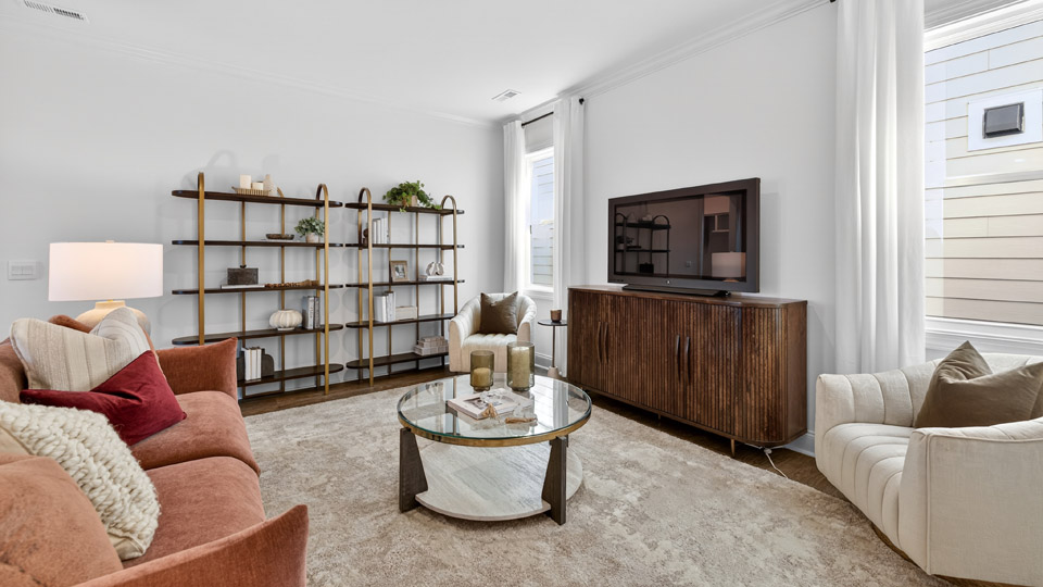 open concept living space with large windows