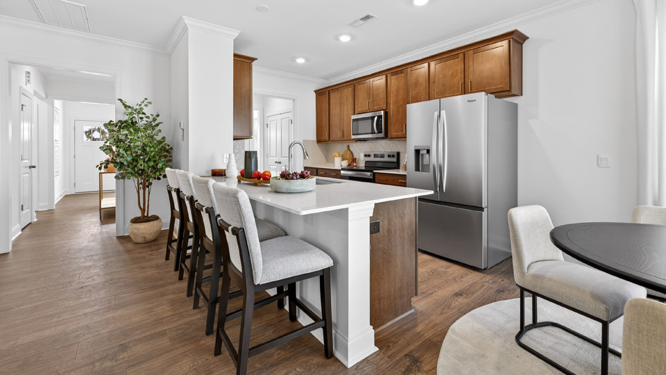 kitchen with quartz counters, kitchen peninsula, pantry, stainless steel appliances