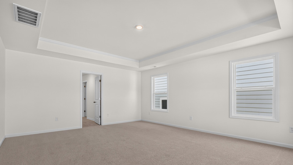 primary bedroom with tray ceiling and carpet flooring