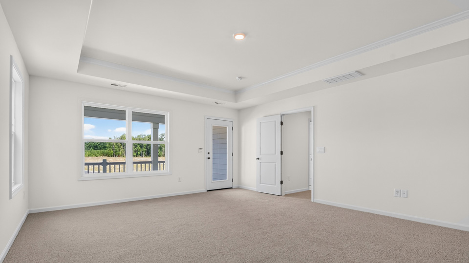 primary bedroom with tray ceiling and carpet flooring