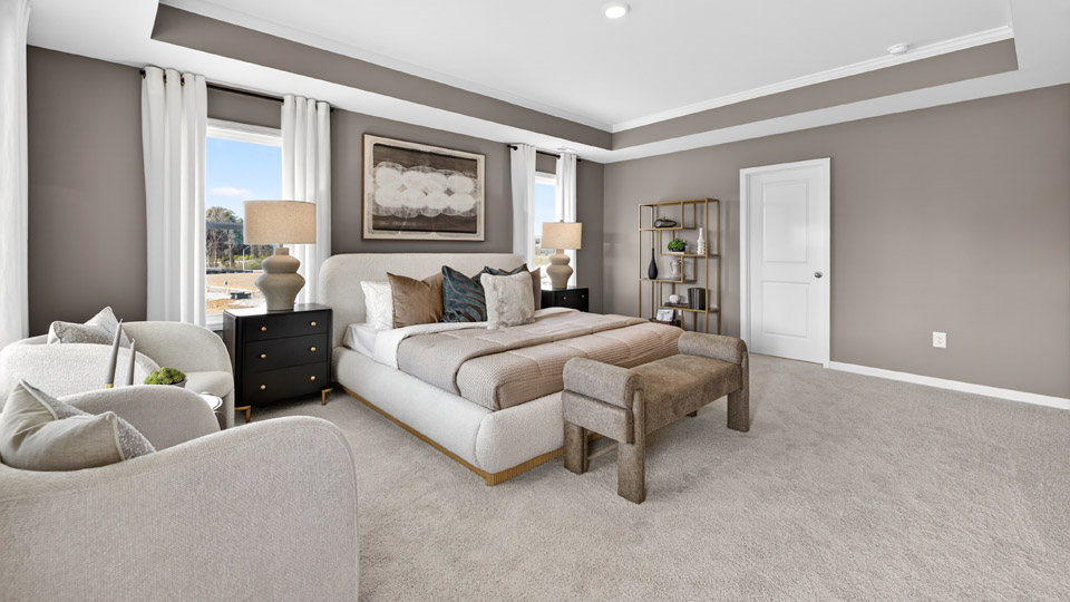 bedroom with tray ceiling and carpet flooring
