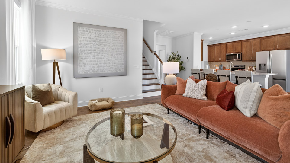living room overlooked by kitchen