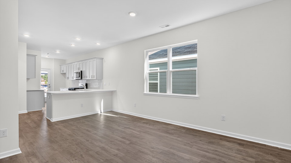 Open-concept living room leading to kitchen