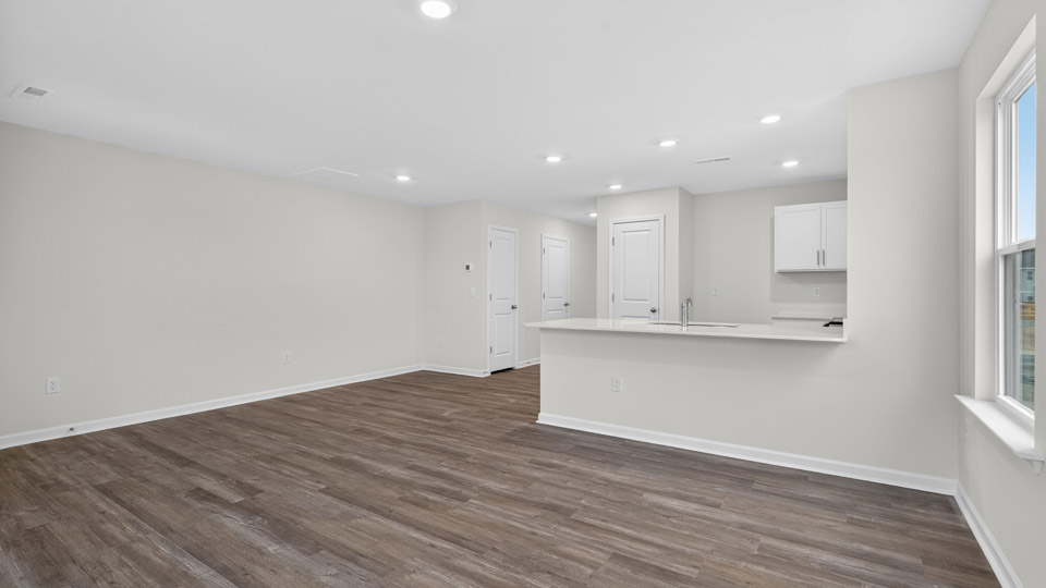 Open-concept living room leading to kitchen