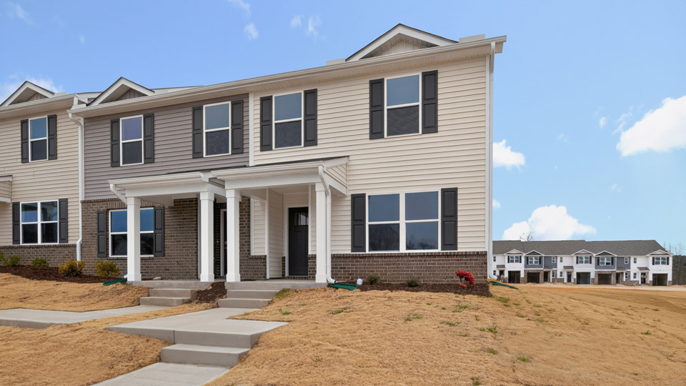 Two story town home with yellow siding.