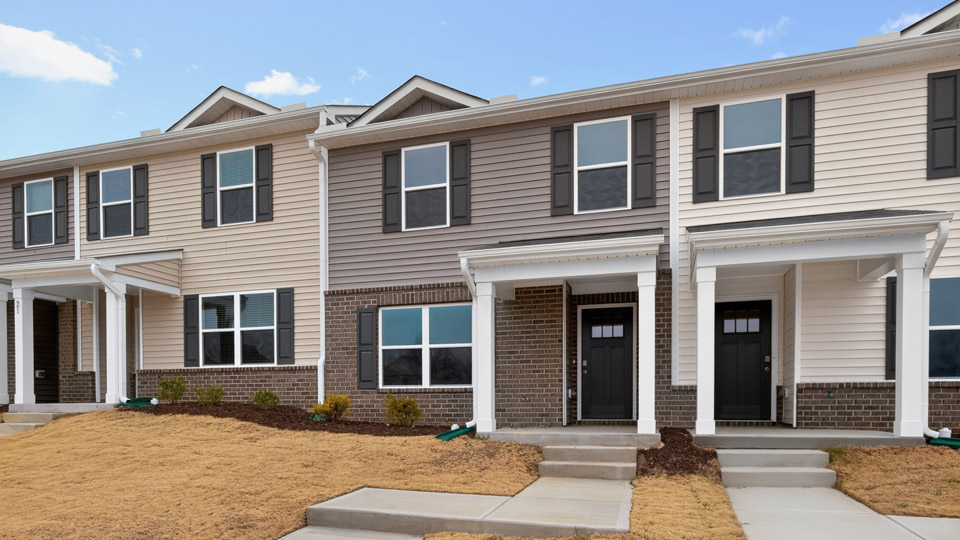 Two story town home with brown siding.