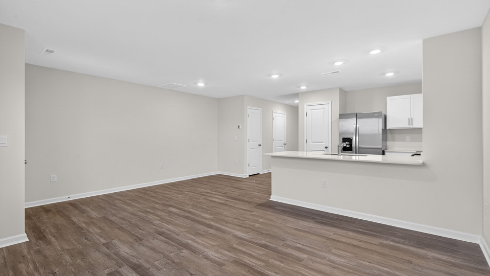 Open-concept living room leading to kitchen