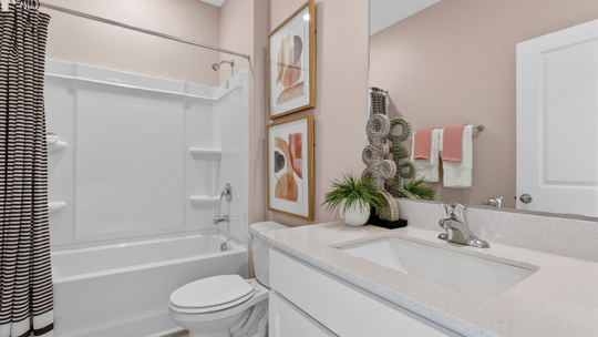 secondary bathroom with shower tub combo and single vanity sink