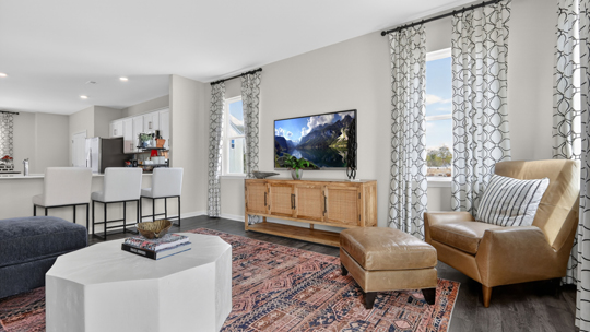 living room with revwood flooring