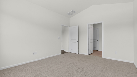 primary bedroom with carpet flooring and vaulted ceiling