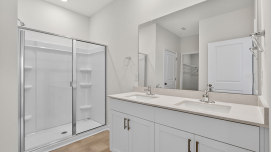 bathroom with quartz countertops and walkin glass door shower