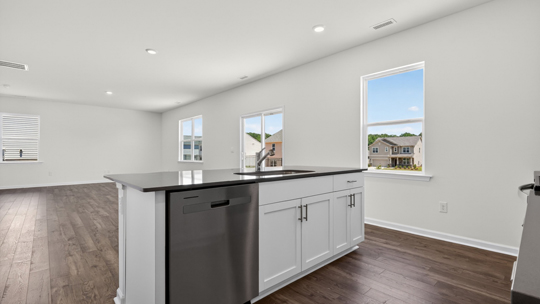 kitchen island overlooking living room