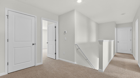 top of stairs with carpet flooring