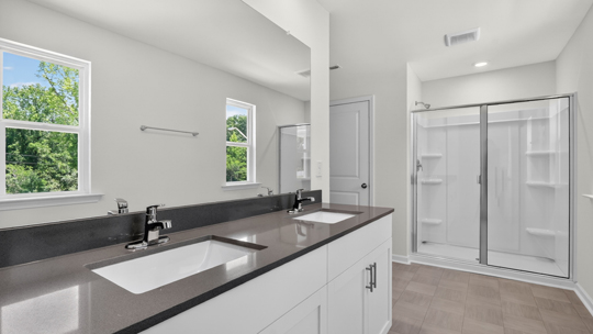 bathroom with walkin shower and quartz countertops