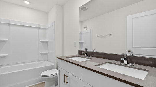 bathroom with dual vanity quartz countertops and tub shower combo