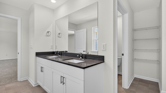 primary bathroom with dual vanity quartz countertops and walkin closet with wire shelving