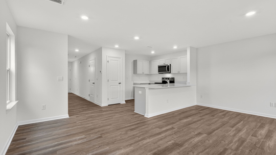 kitchen with quartz counters, kitchen peninsula, pantry, stainless steel appliances